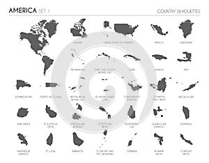 Set of 30 high detailed silhouette maps of American Countries and territories, and map of America vector illustration