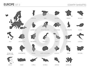 Set of 30 high detailed silhouette maps of European Countries and territories, and map of Europe vector illustration