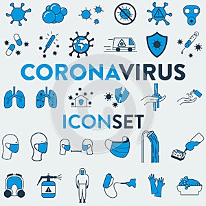 Set of 30 vector icons of a medicine, health, corona virus and hygiene related objects. It represents a concept of medical