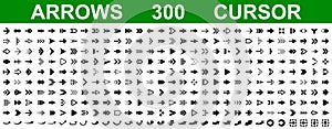 Set 300 arrow icons, collection different arrows sign, set different cursor arrow direction symbols in flat style, black arrows