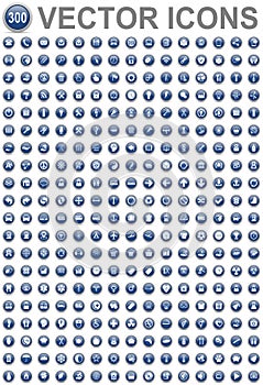 Set of 300 blue glossy round vector icons, business, technology, medicine and education web buttons