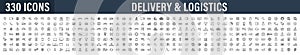 Set of 330 Delivery and logistics web icons in line style. Courier, shipping, express delivery, tracking order, support, business