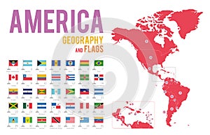 Set of 35 flags of America isolated on white background and map of America