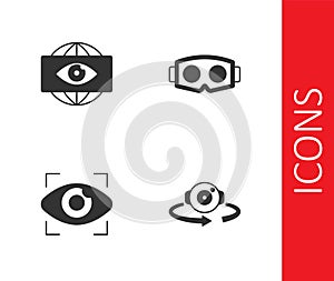 Set 360 degree view, Big brother electronic eye, and Virtual reality glasses icon. Vector