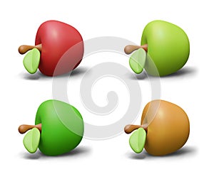 Set of 3D apples of different colors. Fruits of various ripeness