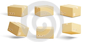 Set of 3D cardboard closed boxes isolated on light background. Realistic delivery cargo parcels with fragile care sign symbol,