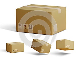 Set of 3D cardboard closed boxes isolated on light background. Realistic delivery cargo parcels with fragile care sign symbol,