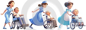 a set of 3D Cartoon Character of a female nurse is taking care an elderly in wheelchair