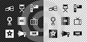 Set 3D cinema glasses, Director movie chair, Cinema camera, Hollywood walk of fame star, Megaphone, Screen tv with 16k