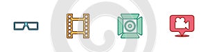 Set 3D cinema glasses, Play Video, Movie spotlight and Camera and location icon. Vector