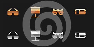 Set 3D cinema glasses, Projection screen, Comedy and tragedy masks and Cinema ticket icon. Vector