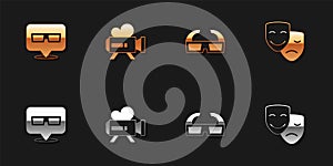 Set 3D cinema glasses, Retro camera, and Comedy and tragedy masks icon. Vector