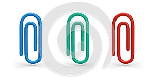 Set of 3D colored paper clips. Blue, green, red page clip. Careful storage of document