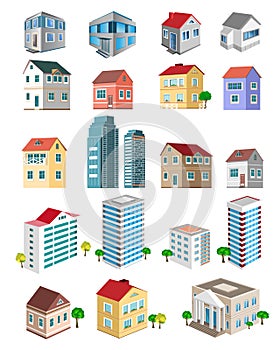 Set of 3d detailed buildings with different types of perspective: skyscrapers, real estate houses