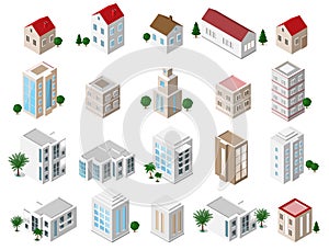 Set of 3d detailed isometric city buildings: private houses, skyscrapers, real estate, public buildings, hotels. Building icons co