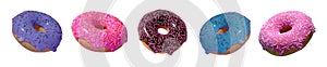 Set 3D donut on a white background is a realistic sweet dessert with a top. 3D rendering