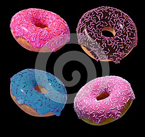 Set 3D donuts on a black background is a realistic sweet dessert with a top. 3D rendering