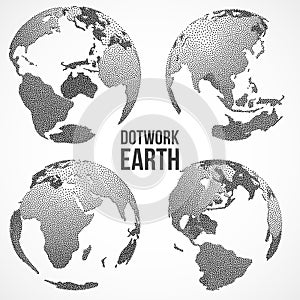 Set of 3D Earth Planet Globe. Vector Dotwork