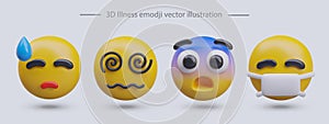 Set of 3D emoticons that are not feeling well. Cold sweat, dizziness, blue forehead, medical mask