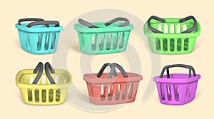 Set of 3d empty blue, red, green and yellow shopping baskets. Shopping concept. Vector illustration