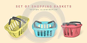 Set of 3d empty blue, red and yellow shopping baskets. Shopping concept. Vector illustration