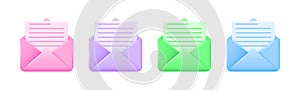 Set of 3d envelope and document inside. 3D color web icon of postal or email envelope and volumetric sheet of paper with text.