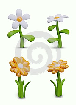 Set of 3D flowers in plasticine style. White chamomile, yellow dandelion