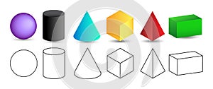 Set of 3d geometric shapes. Isometric views of sphere, cylinder, cone, cube, pyramid and parallelepiped. Vector