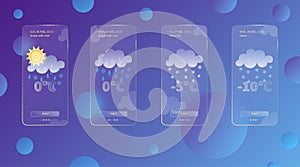 Set of 3d glassmorphism weather forecast app template Interface design kit. Winter meteo icons on dark blue gradient