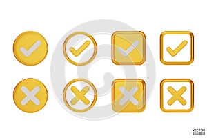 set of 3D gold Checkmark and X mark icon set. Checkmark right symbol, tick sign. check and uncheck for web and mobile apps. 3D