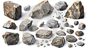 A set of 3d granite blocks, grey and brown solid mountain debris and broken rocky cobbles isolated on a white background