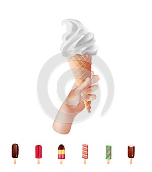 A set of 3d ice cream, A hand holding a horn of the International day of refusal from a diet. Several types of different