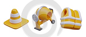 Set of 3D icons for construction business. Yellow signal cone, concrete mixer, builder vest