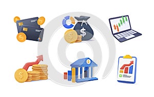 Set of 3D Icons Related to investment strategy, trade service, finance management. 3D UI Pictograms and Infographics