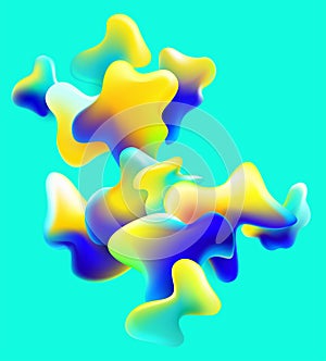 Set of 3d isolated blue and yellow liquid bubbles. Abstract design elements