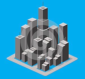 Set 3d isometric illustration city with houses, skyscrapers,