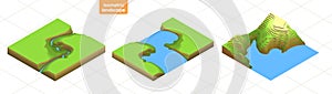 Set 3d isometric map with transitions of vertices. Colorful flat landscape. Travel, tourism, navigation and business background