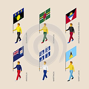 Set of 3d isometric people with flags of Caribbean countries