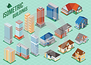 Set of 3d isometric private houses and tall buildings icons for map building. Real estate concept.