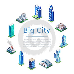 Set of 3d isometric skyscrapers, big city houses and tall buildings icons for map building, vector illustration. Real