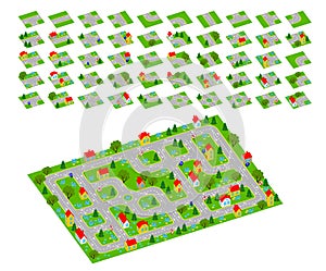 Set of 3d isometric tileset for creating video game with town and streets. Tiles with parts of roads and buildings.