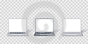 Set of 3D laptop in black and silver colour. Laptop mock up with white screen for business designs