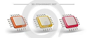 Set of 3D microprocessors of different colors. Empty place for logo
