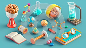 Set of 3D modern images of school, science, and education icons. Among them are microscopes, atoms, viruses, test tubes