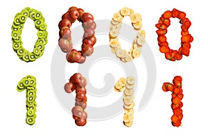 Set of 3d numbers made of fruits, apple, banana, kiwi, strawberry, zero and one