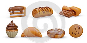 Set of 3D pastries and sweets. Isolated vector image with shadows on white background