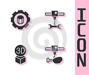 Set 3D printer chicken leg, setting, Isometric cube and wrench spanner icon. Vector