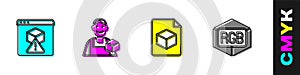 Set 3D printer, Graphic designer, Isometric cube file and RGB and CMYK color mixing icon. Vector