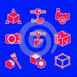 Set 3D printer gun, Isometric cube, Photo camera, Printing house industry and icon. Vector
