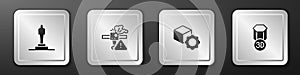 Set 3D printer model, warning, Isometric cube and icon. Silver square button. Vector